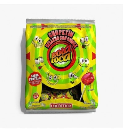 CHUPETIN BOLA LOCA FRUTILLA RELLENO CON CHICLE 24 UNID S/TACC